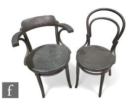 A set of five 1920s and later grey painted bentwood chairs, including an elbow chair. (5)