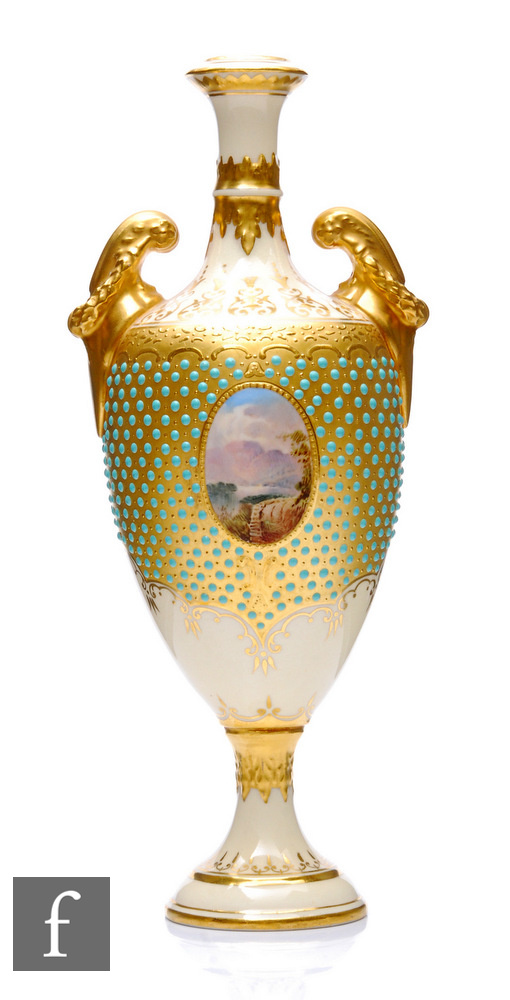 A Coalport porcelain pedestal vase, circa 1900, rising from a spreading circular base, the body