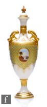 A Coalport porcelain pedestal vase, circa 1900, the ovoid form vase with slender neck and domed