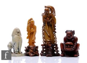 A collection of Asian items to include two soapstone figures of Fukurokuju, heights 20cm and 26cm, a