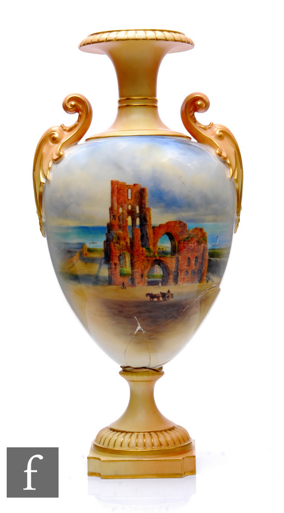A Royal Worcester vase, painted by Harry Davis, dated 1908, of pedestal urn form, painted with