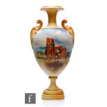 A Royal Worcester vase, painted by Harry Davis, dated 1908, of pedestal urn form, painted with