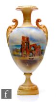 A Royal Worcester vase, painted by Harry Davis, dated 1908, of pedestal urn form, painted with