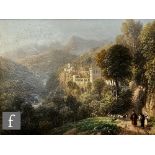 ENGLISH SCHOOL (LATE 19TH CENTURY) - Figures on a path with a hilltop monastery beyond, oil on