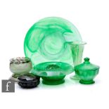 A collection of 1930s Davidsons green Cloud Glass, to include a large flared bowl, a tulip vase, a