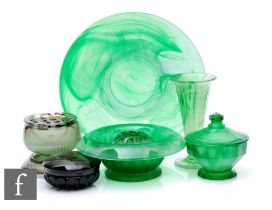 A collection of 1930s Davidsons green Cloud Glass, to include a large flared bowl, a tulip vase, a