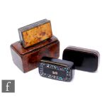 A 19th Century French burr walnut snuff box and three smaller similar boxes, one inlaid with