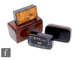 A 19th Century French burr walnut snuff box and three smaller similar boxes, one inlaid with