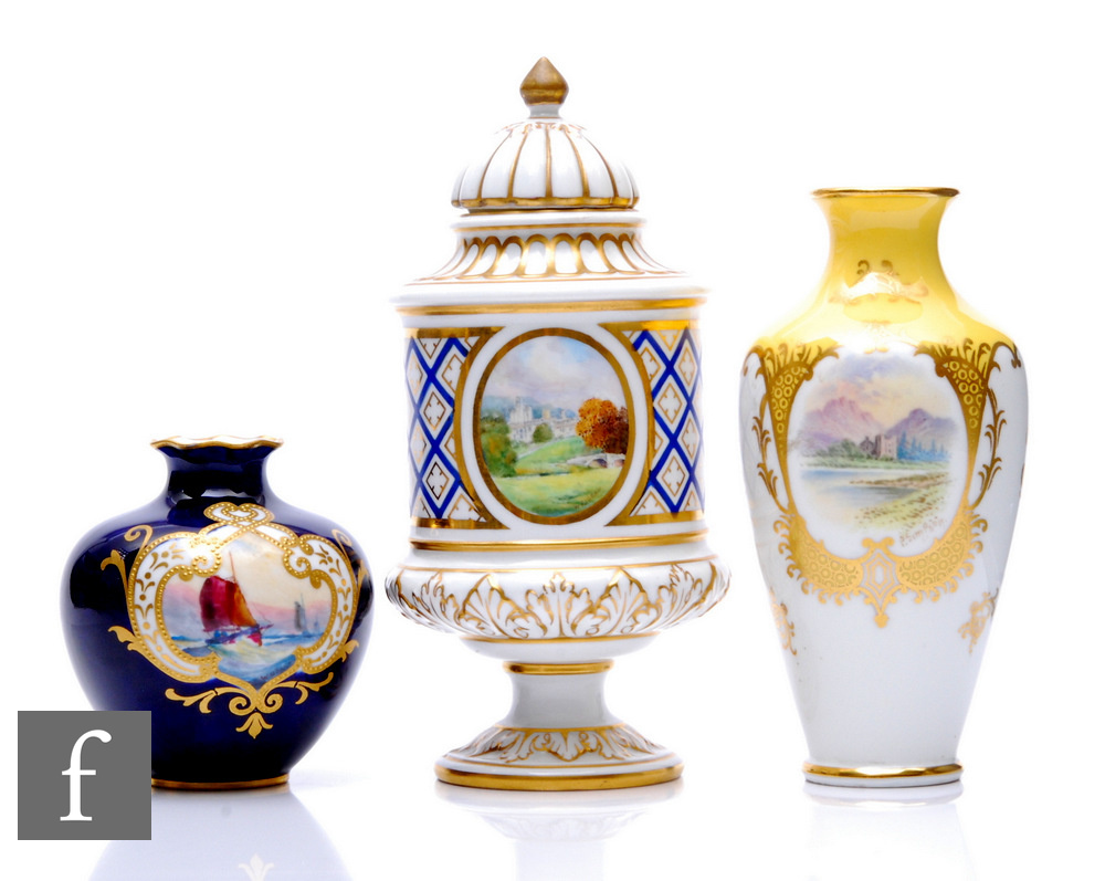 A collection of Coalport and Royal Crown Derby porcelain vases, to include a yellow ground