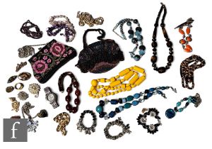 A quantity of costume jewellery, including necklaces, beads, beadwork bags, a 9ct gold ring and