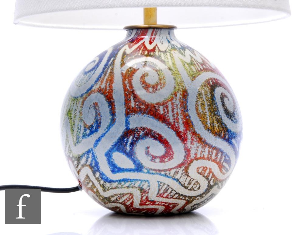 A contemporary Isle of Wight studio glass lamp base in the Jazz Nuvo pattern designed by Timothy