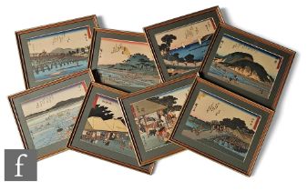 A collection of eight Japanese prints, after Utagawa Hiroshige, all of varying landscape scenes, all