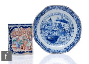 A Chinese 18th Century blue and white octagonal plate, diameter 22.5cm, together with an 18th