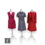 Three 1960s vintage two piece suits, comprising Dereta London hot pink wool waistcoat and pencil