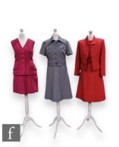 Three 1960s vintage two piece suits, comprising Dereta London hot pink wool waistcoat and pencil