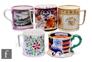 A collection of English porcelain and ironstone mugs, factories to include Derby, including two frog