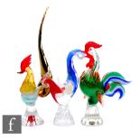 Three 20th Century Murano glass figures modelled as stylised cockerels, all with applied