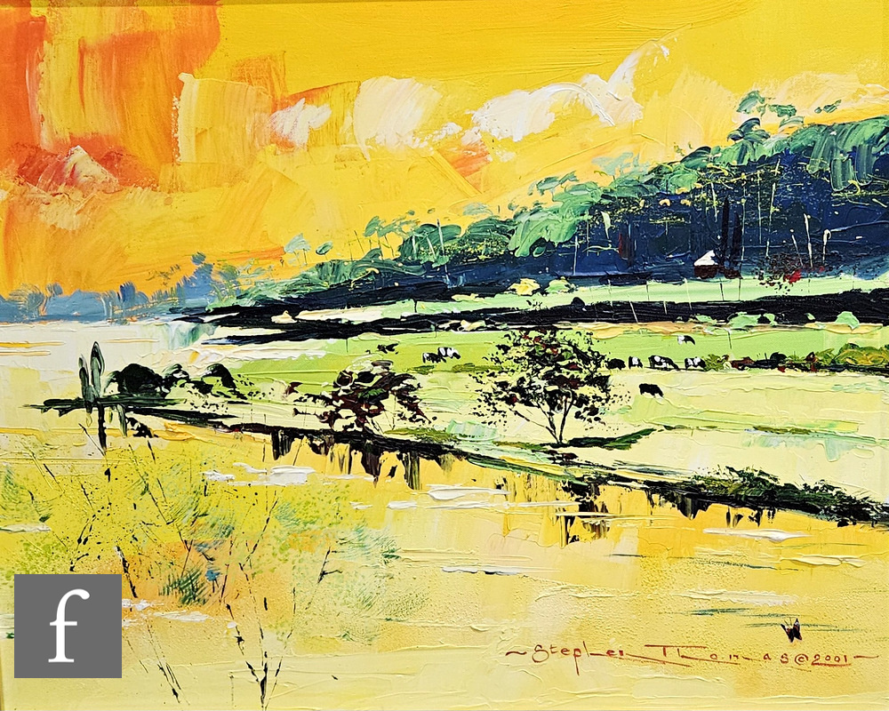 STEPHEN THOMAS (CONTEMPORARY) - Landscape with cows, oil on canvas, signed and dated 2001, framed,