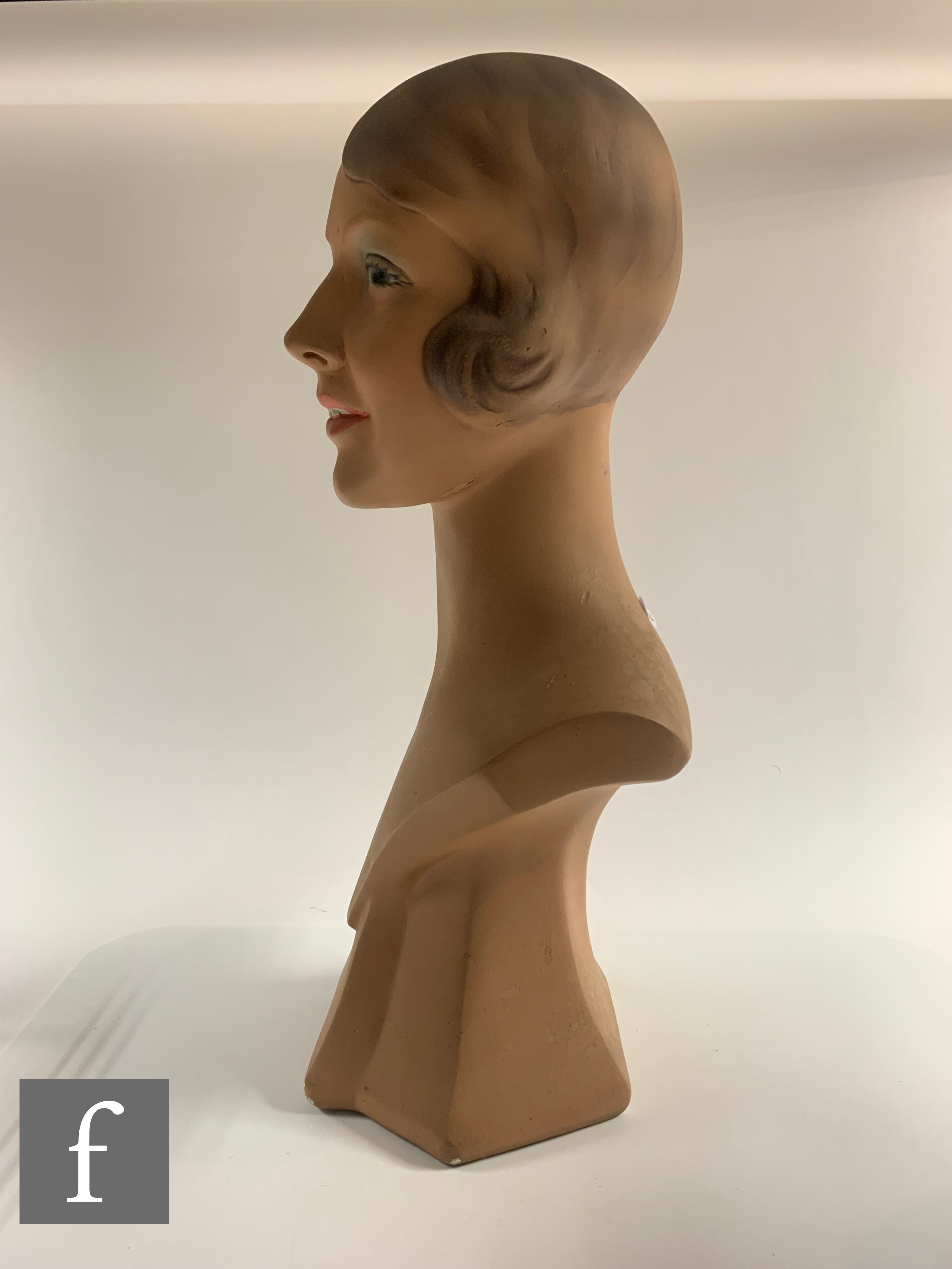 A 1930s shop display mannequin head, the painted plaster figure, modelled as a smiling young - Image 2 of 7