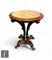 A 20th Century Victorian style mahogany centre table, the pale pink marble top within a circular