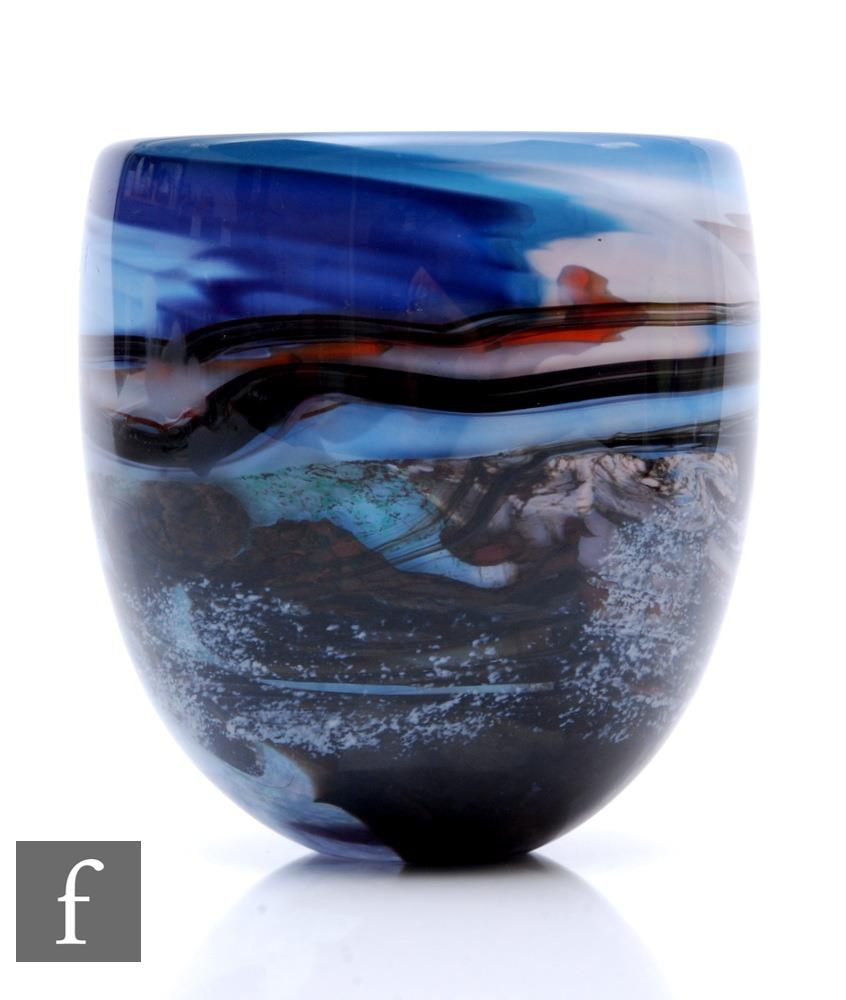 An Anthony Stern contemporary studio glass vase in the Mirage design with a stylised landscape,
