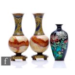 A collection of cloisonne vases, to include a pair of Chinese onyx and cloisonné bottle vases,