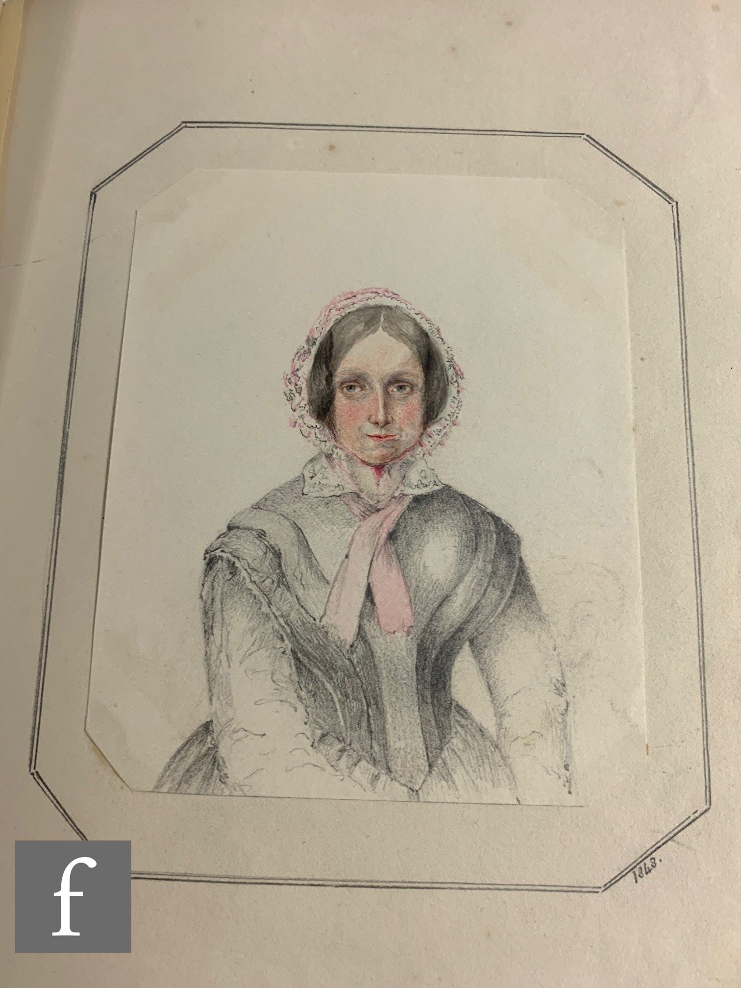 A mid 19th Century leather bound album containing watercolour portraits of the Paris family, studies - Image 9 of 19