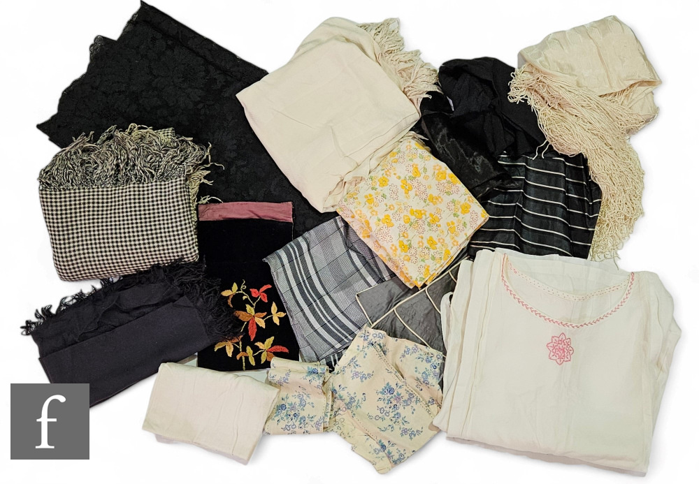 A collection of assorted Victorian and later textiles, to include a cream silk piano shawl, floral