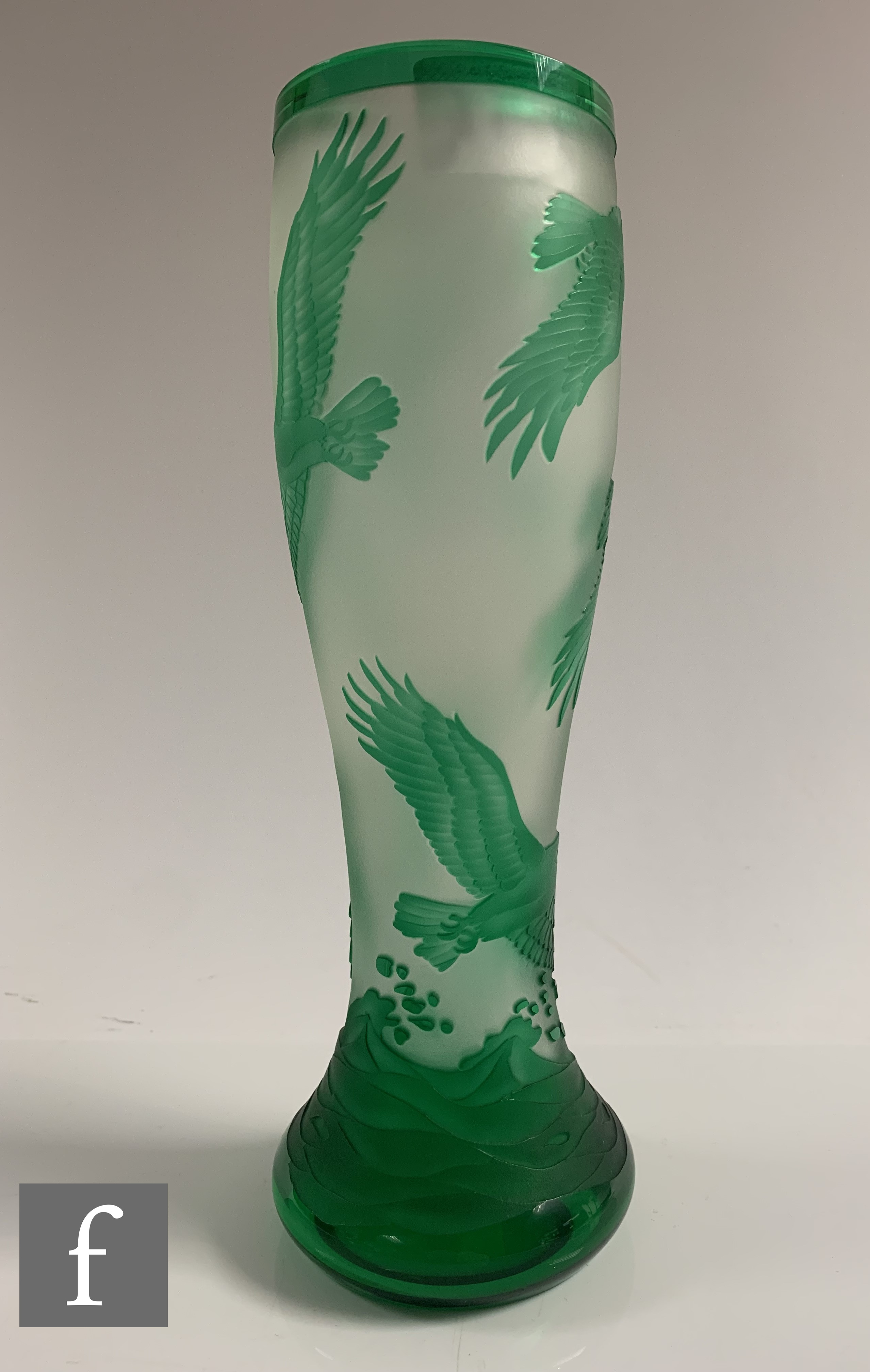 A later 20th Century cameo glass vase of footed swollen sleeve form, cased in green over clear - Image 3 of 5