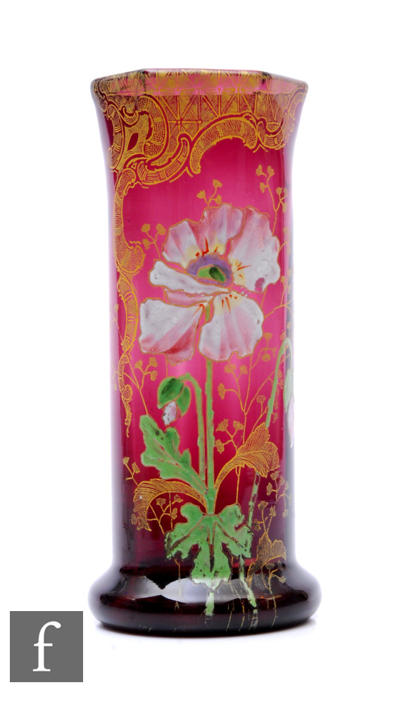 A late 19th Century Legras Art Nouveau glass vase, of footed sleeve form, transfer printed and