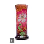 A late 19th Century Legras Art Nouveau glass vase, of footed sleeve form, transfer printed and