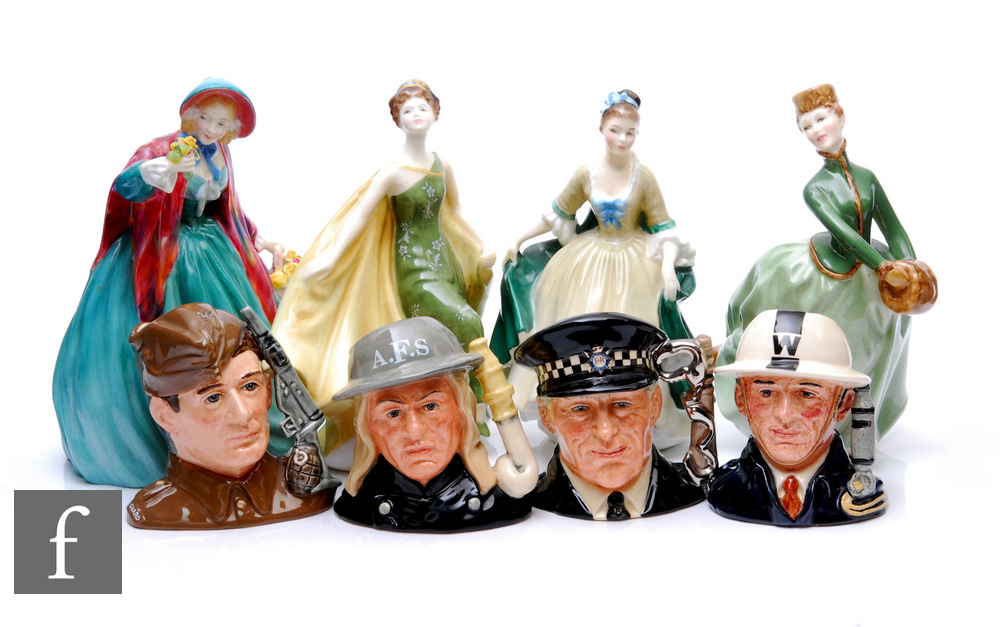 A collection of Doulton Character jugs and lady figures, to include The Policeman D. 6852, Home