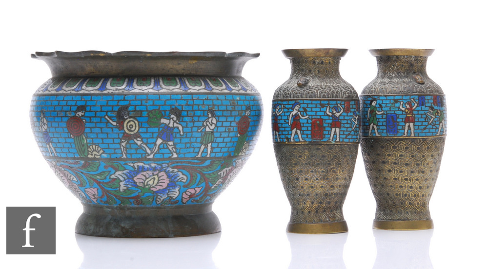 A collection of cloisonne items to include a jardiniere and two baluster vases, each decorated