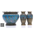 A collection of cloisonne items to include a jardiniere and two baluster vases, each decorated