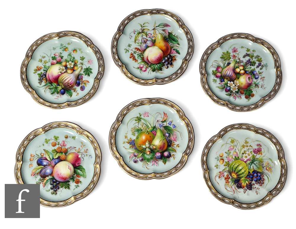 A collection of Coalbrookdale porcelain cabinet plates, each of the scalloped plates with