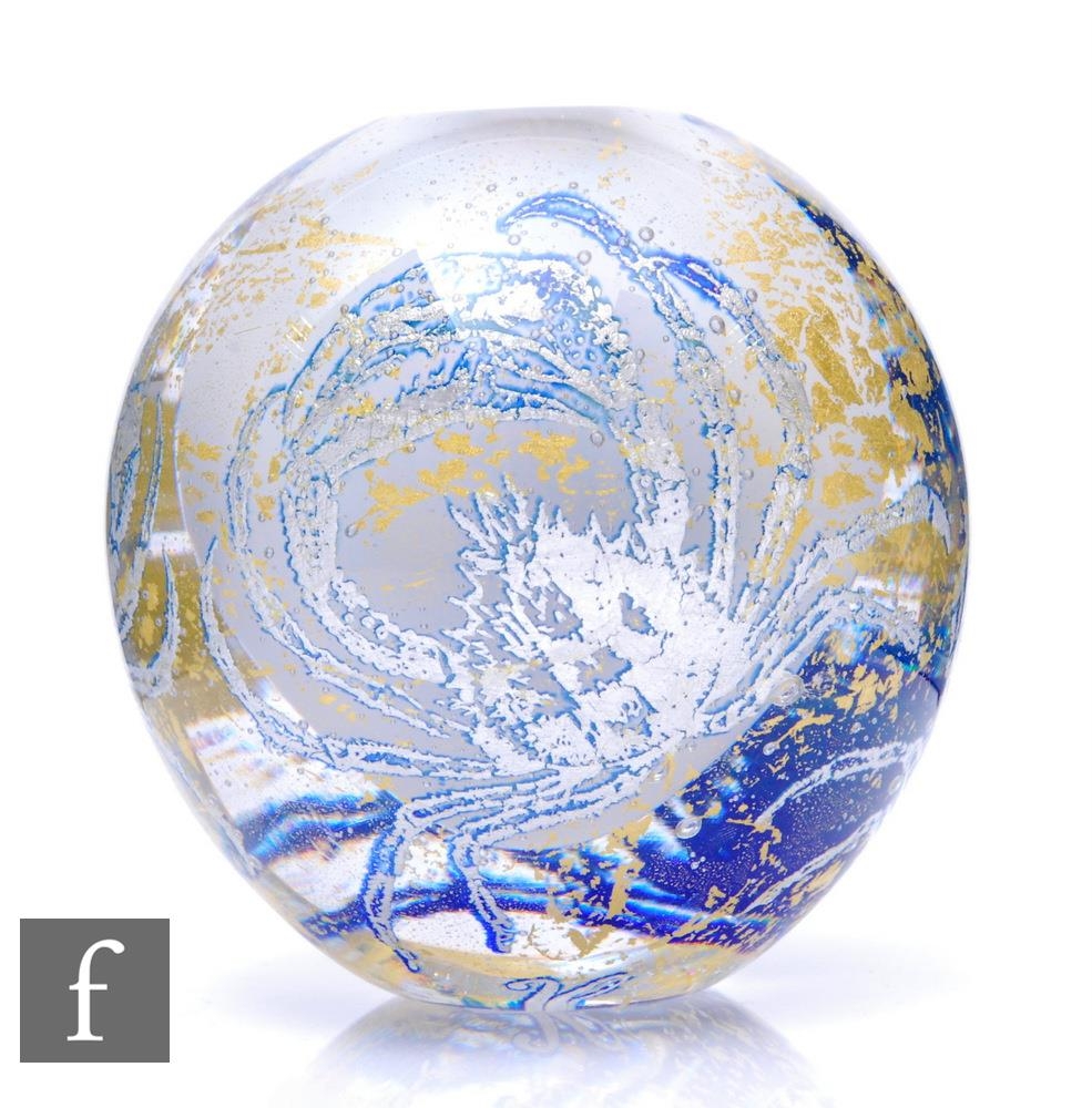 A contemporary Jonathan Harris studio silver graal glass vase of globe form, opal core cased in