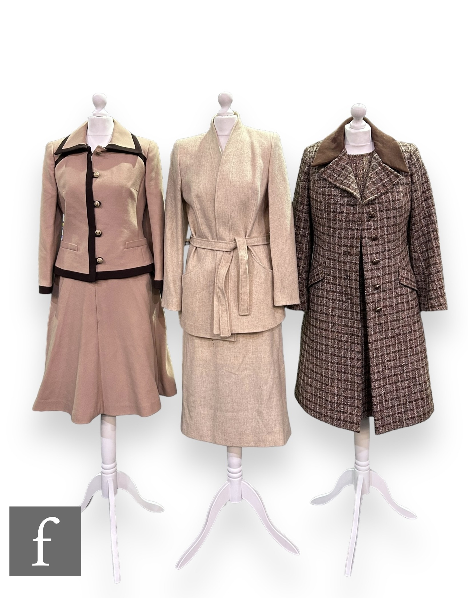 A 1960s Harella tweed coat and dress co-ord, the coat with brown and gold button detail and brown