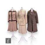 A 1960s Harella tweed coat and dress co-ord, the coat with brown and gold button detail and brown