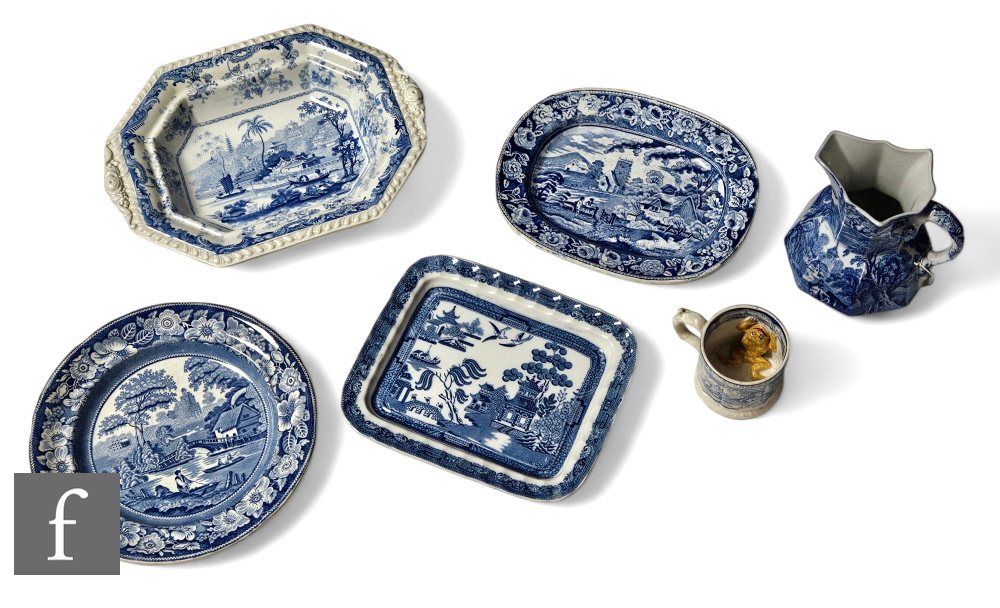 A collection of 19th Century and later blue and white transfer printed items, to include a frog mug,