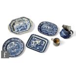 A collection of 19th Century and later blue and white transfer printed items, to include a frog mug,