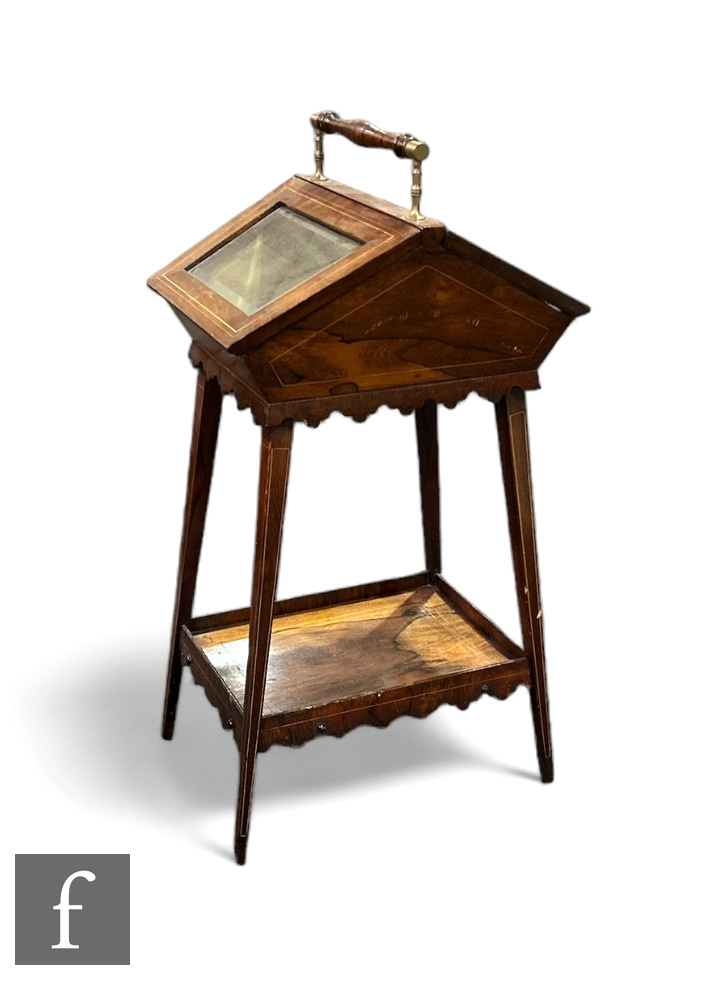 A late Victorian line inlaid rosewood portable jewellery cabinet, the sloping slides concealing a