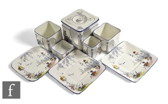 An Art Deco Foley China 'Cube' tea for two, to include teapot, milk, sugar and two cups and saucers,