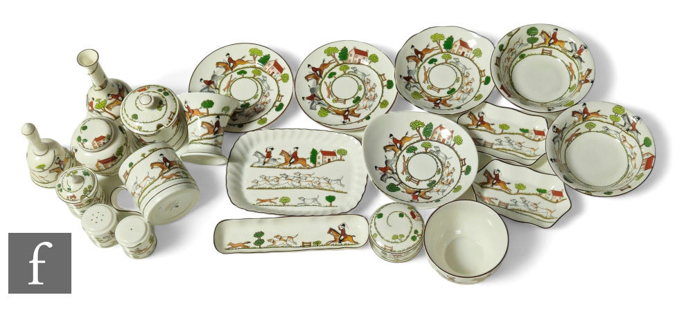 A collection of hunting scene porcelain items and tablewares, factories including Wedgwood, Coalport