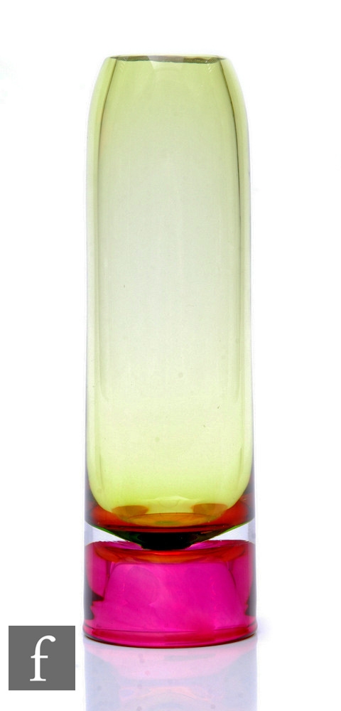 A later 20th Century studio glass vase by Graham Muir of tapered sleeve form, the upper section in a