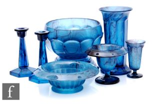 A collection of 1930s Davidsons blue Cloud Glass, to include a large pedestal bowl with flower