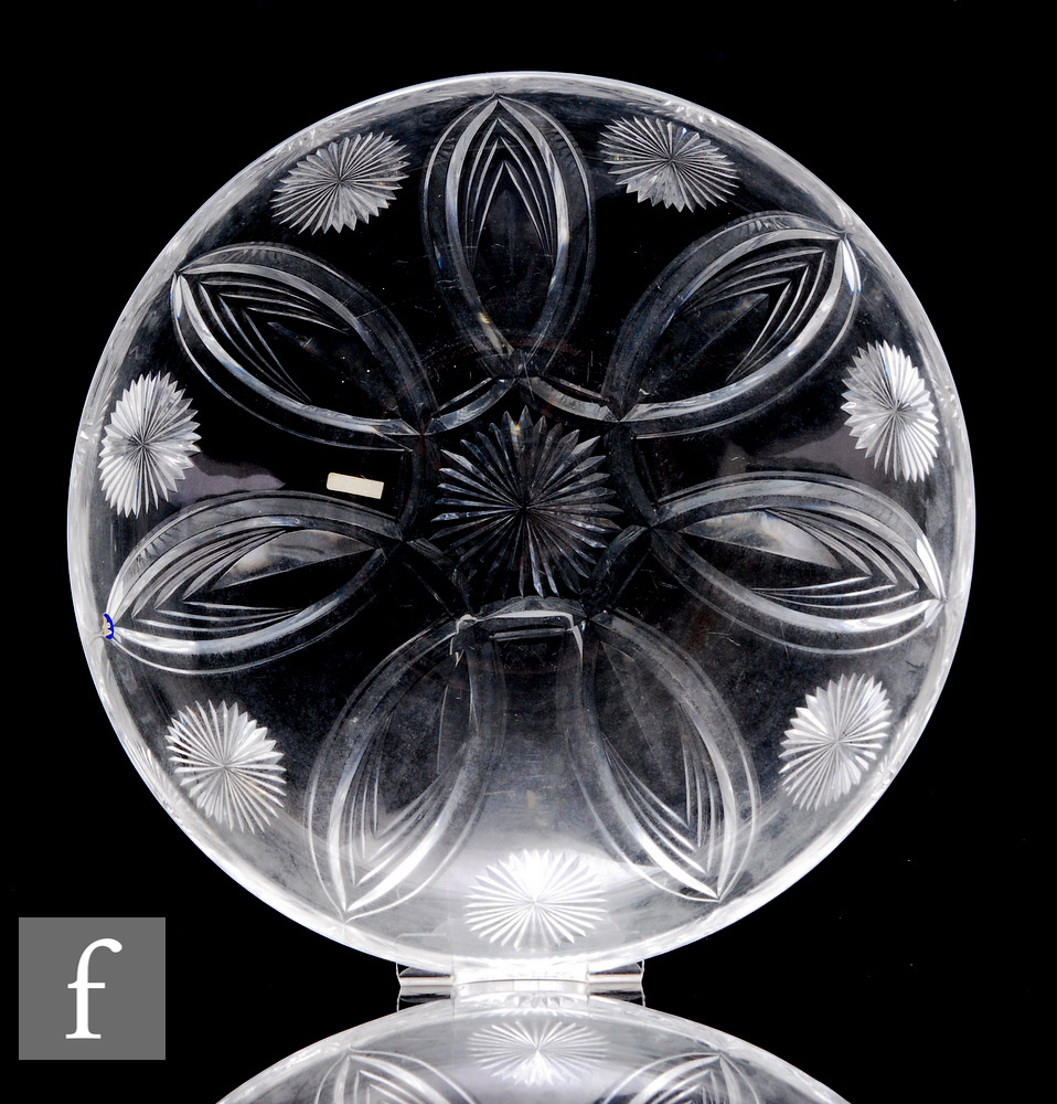A large 1950s Stuart & Sons clear cut crystal glass bowl designed by John Luxton, the shallow
