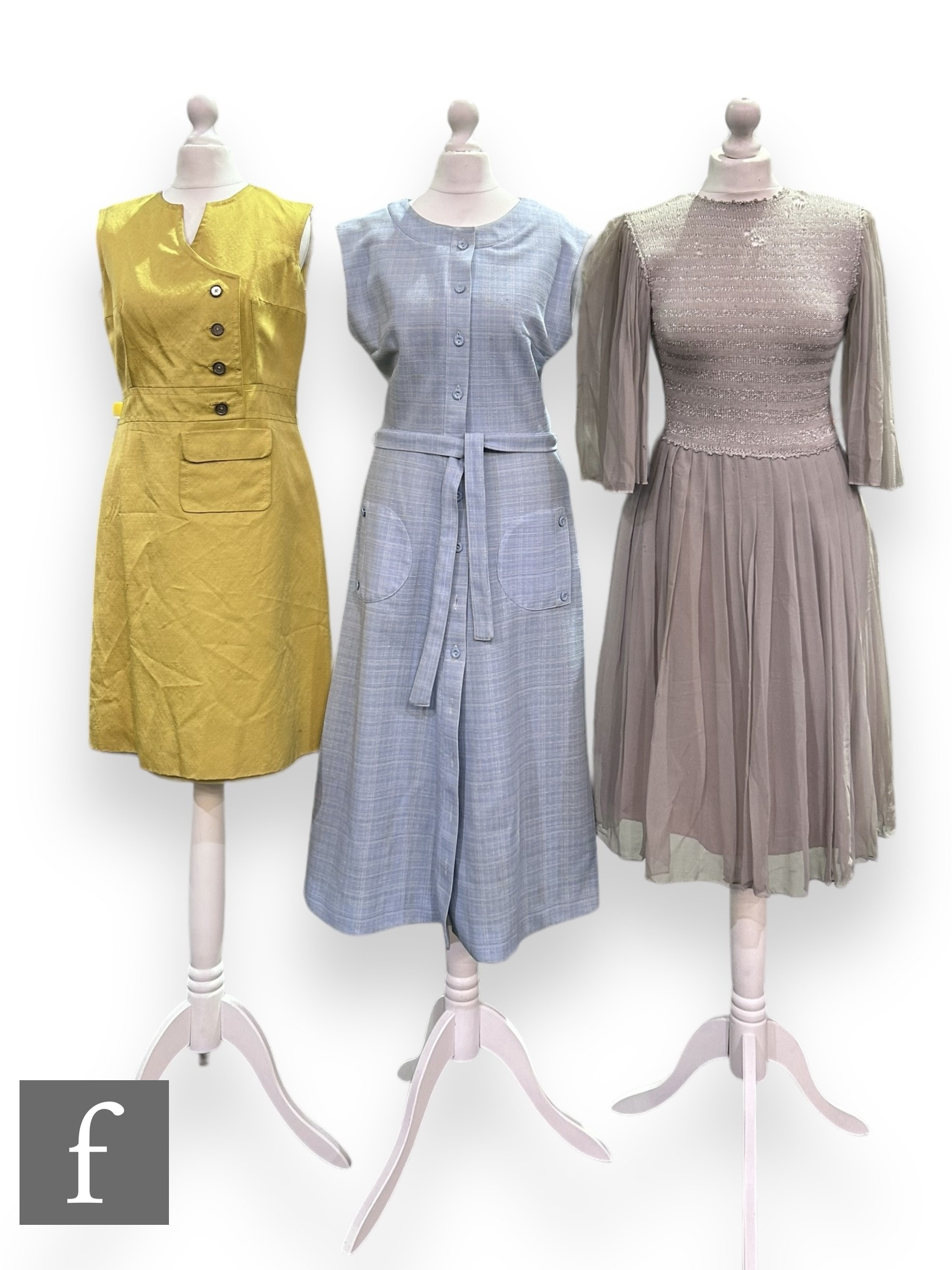 Three 1960s vintage dresses, comprising sleeveless yellow shift mini dress with off centre button