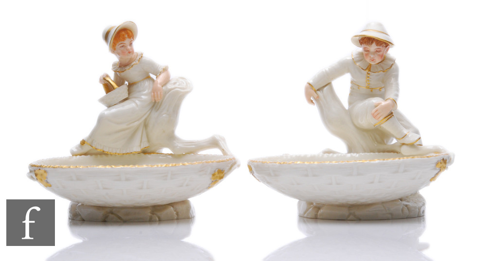 A pair of Royal Worcester sweetmeat dishes modelled by James Hadley, one dated 1884, the two figures