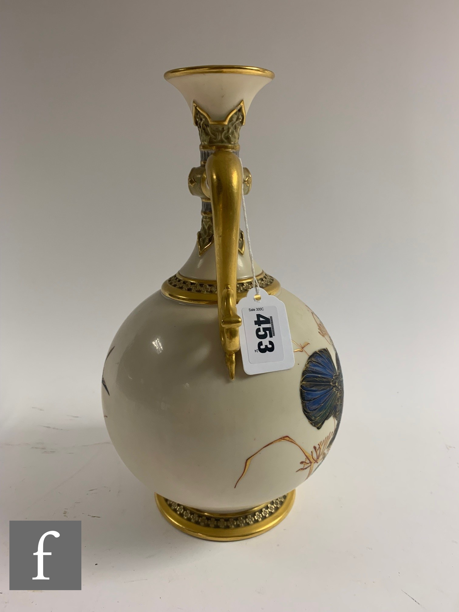 A Royal Worcester twin handled Persian style vase, dated 1883, by Charles Baldwyn, painted with - Image 4 of 9