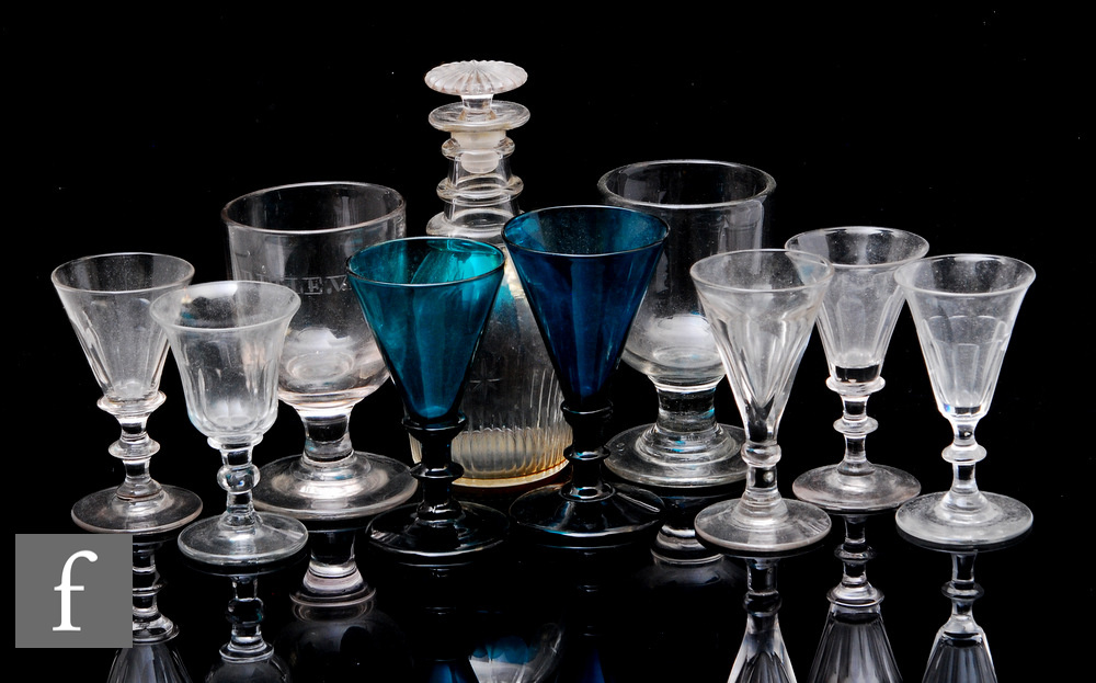 A collection of 18th Century and later glassware to include a small crystal glass spirit decanter of
